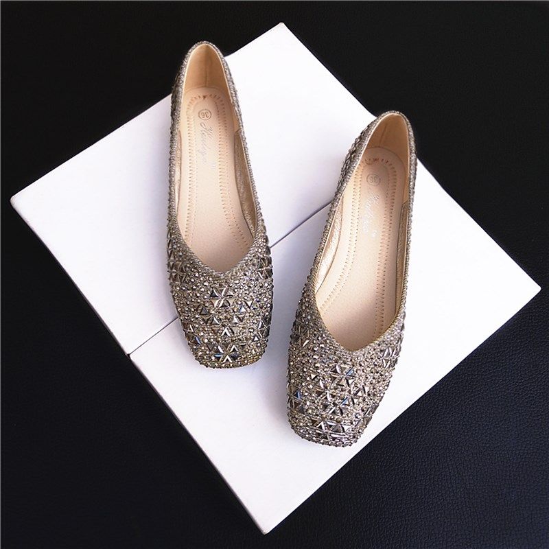 平底鞋女软底2024年秋新款水钻方头粗跟单鞋气质四季浅口豆豆瓢鞋,女鞋,浅口单鞋,淘宝优惠券,粉丝福利购,淘宝优惠卷