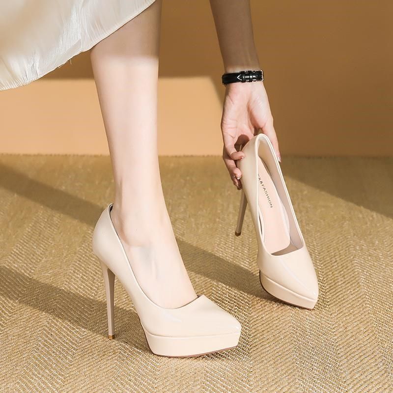 高跟鞋女2025年新款春季黑色百搭工作女鞋12CM细跟尖头防水台单鞋