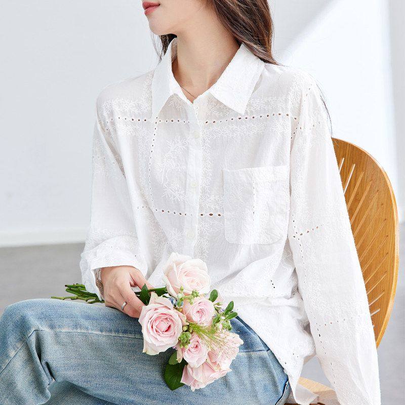 初影 白衬衫女长袖2025秋装新款绣花镂空上衣气质淑女纯棉衬衣