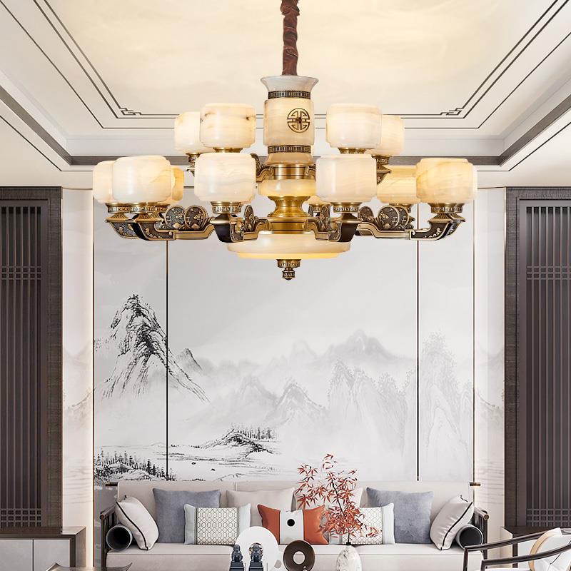 新中式全铜天然玉石吊灯家装别墅客厅主灯豪华餐厅黄铜云石灯具