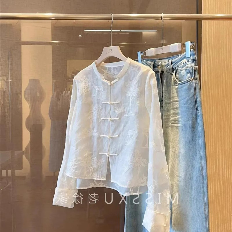 胖mm3a00斤女夏季中式国风刺绣盘扣衬衫时尚减龄百搭长袖衬衣潮in
