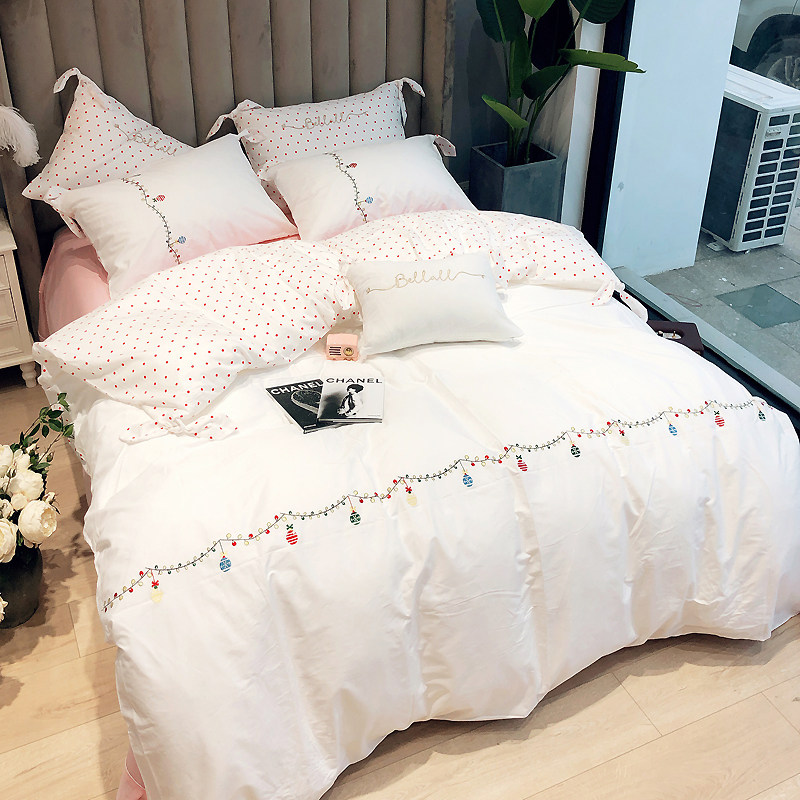 网红款纯棉公主风纯白色四件套全棉欧式刺绣床单被套1.8m床上用品