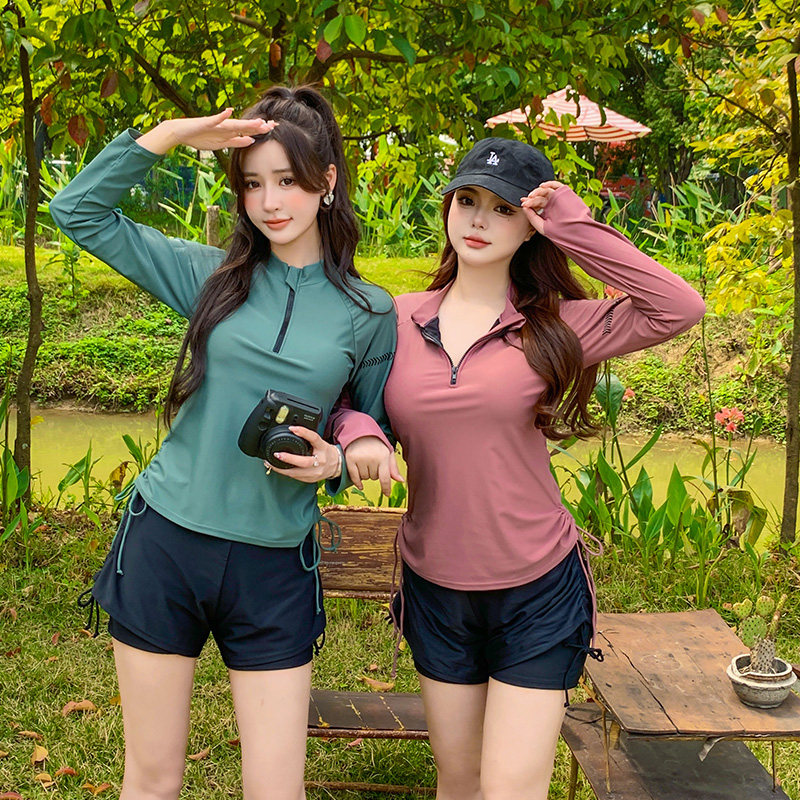 大码游泳衣分体式胖mm200斤泡温泉显瘦遮肚微胖女孩长袖高领保守