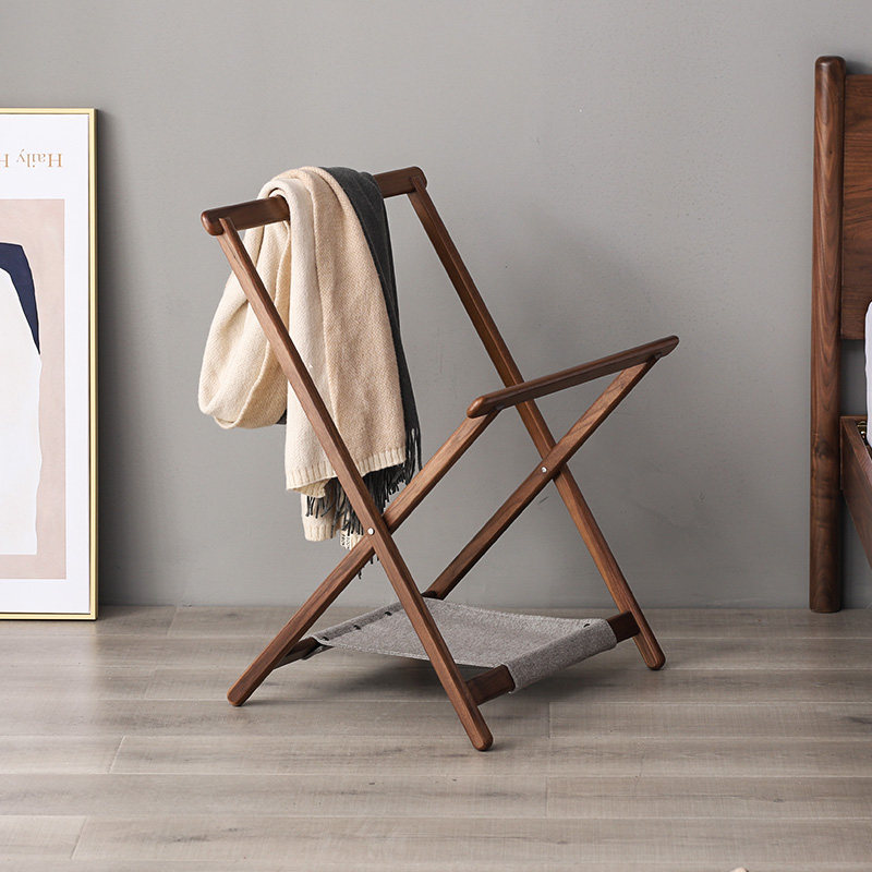 黑胡桃木衣帽架实木o裤架衣架落地卧室现代简约折叠家用室内挂衣