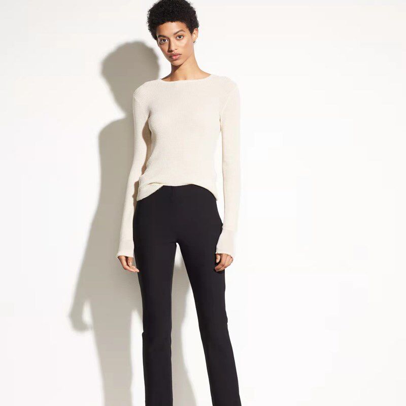 女士纯元Vin*黑白灰蓝色v显腿直后脚开叉侧拉链烟管九分弹力西裤