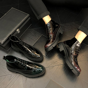 英伦风马丁靴男冬季厚底内增高亮皮短靴韩版潮流百搭高帮皮鞋男靴