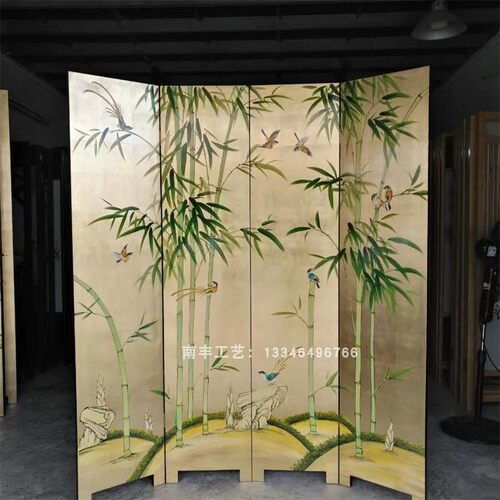 中式手绘金箔竹子屏风漆画隔断客厅卧室I简约现代折叠移动遮挡定