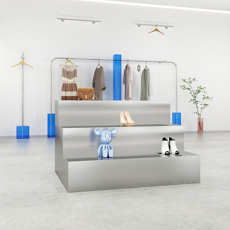 服装店不锈钢阶梯流水台鞋店鞋架中间高低台O展示桌饰品包包陈列