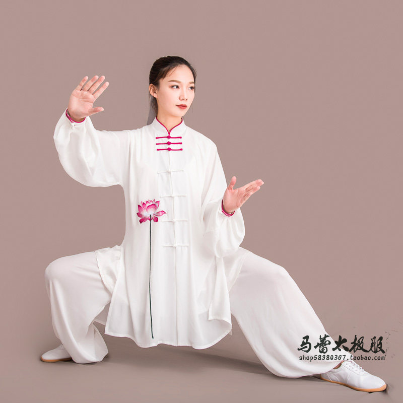 马蕾春蕾新款绣花太极服刺绣出水莲表演服健身气功服加长版太极服