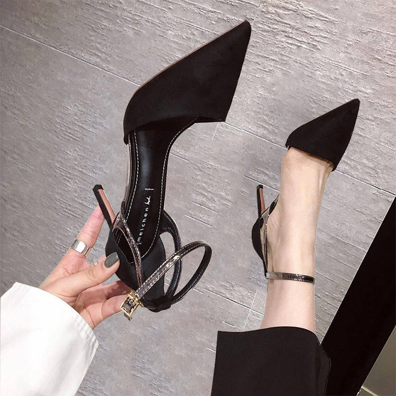 包头凉鞋202i1年新款夏季黑色单鞋法式女细跟网红尖头一字带高跟