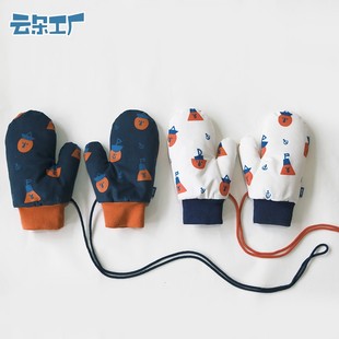 云朵工厂 船员印花手套加绒加厚可爱情侣保暖秋冬季挂脖全指手套