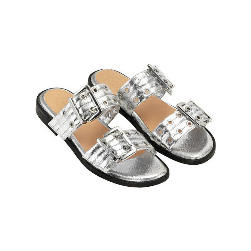 【甄选折扣】GANNI女o鞋 银色双搭扣孔眼露趾时尚平底凉鞋S266601