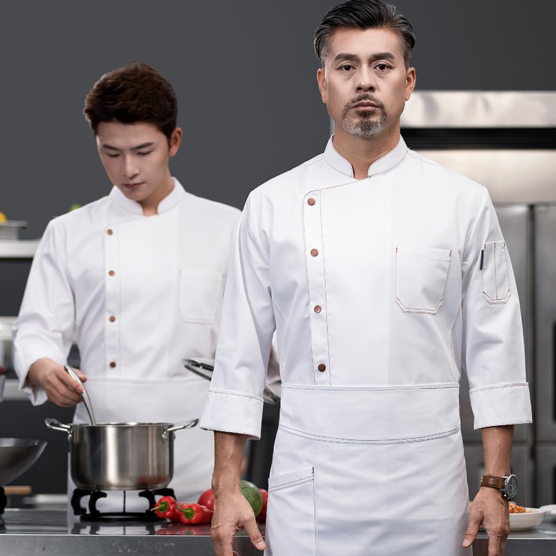 高档牛仔厨师工作服男长袖秋冬装餐饮酒店餐厅饭店厨房厨师长服装