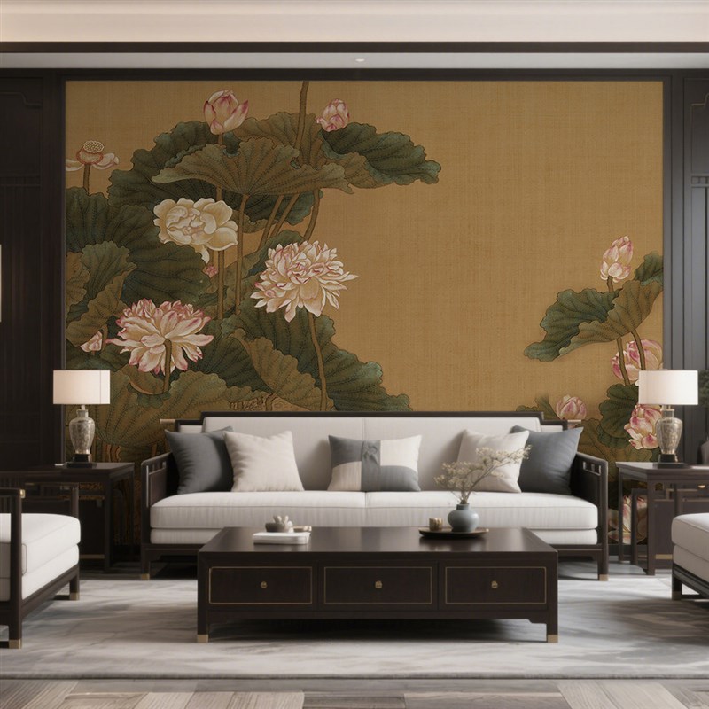 国画荷花客厅卧室背景墙壁纸宋风中式定制壁画墙布茶X室影视墙壁