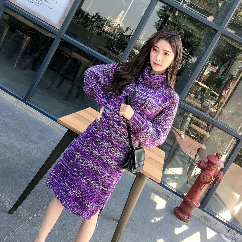 2024韩版秋冬过膝中长款毛衣女套头高领宽松加厚粗毛X线裙毛衣裙