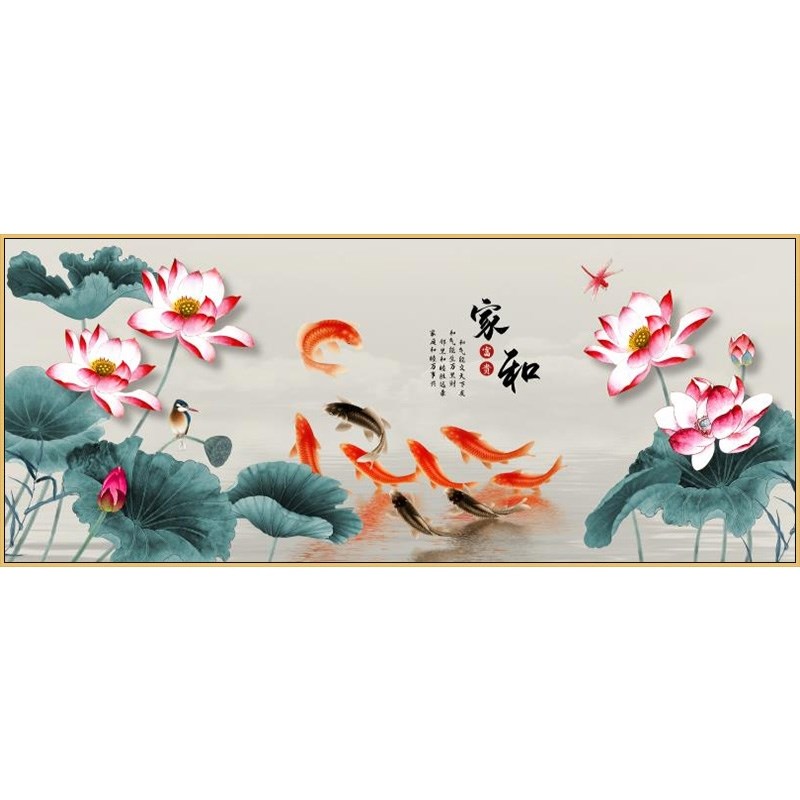定制招财牡丹图九鱼图装饰画横版幅沙发背景墙面壁画客厅挂画年年图片