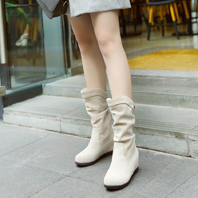 百搭磨砂女鞋f内增高中筒靴圆头中跟短靴子春秋马丁靴英伦新款中