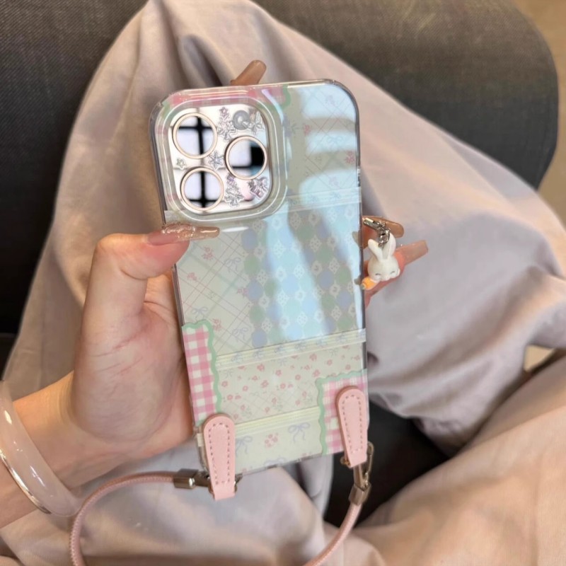 拼接格纹适用苹果17手机壳iPhone15/14平果13pro挂绳12/11小清新7/8plus卡通x/xs/xr大孔IMD白色max保护套