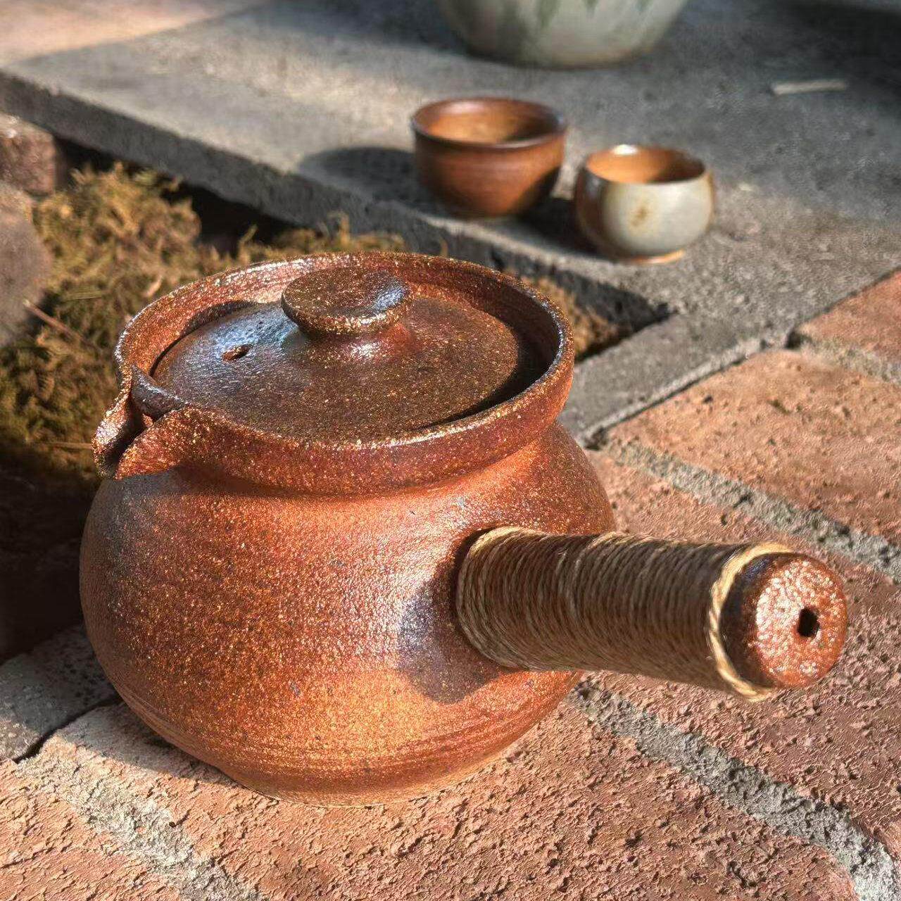 云南纯手工柴烧煮茶罐粗陶茶壶围炉煮茶烤茶奶茶陶罐侧把土陶冷水