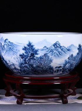 景德镇陶瓷鱼缸名家手绘山水画水缸新中式家居客厅装饰品风水摆件