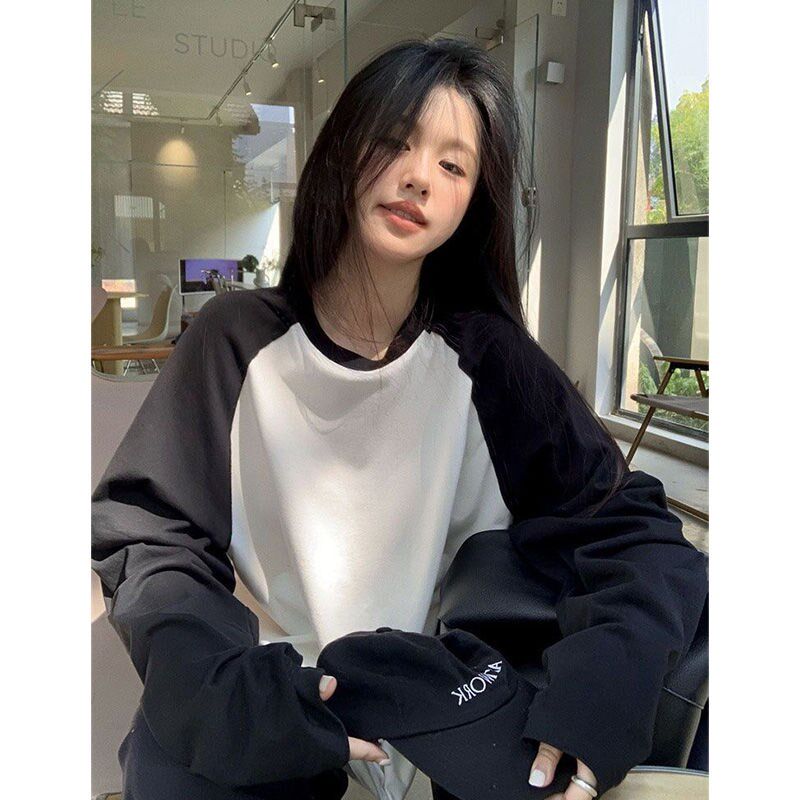 早秋新款韩版宽松撞色拼接插肩长袖T恤女休闲圆领中长款打底