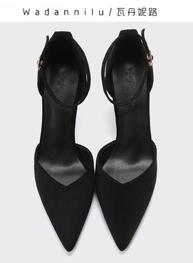 酒店工作鞋女黑色高跟鞋女细跟尖头一字扣夏季2020年新款凉鞋小码