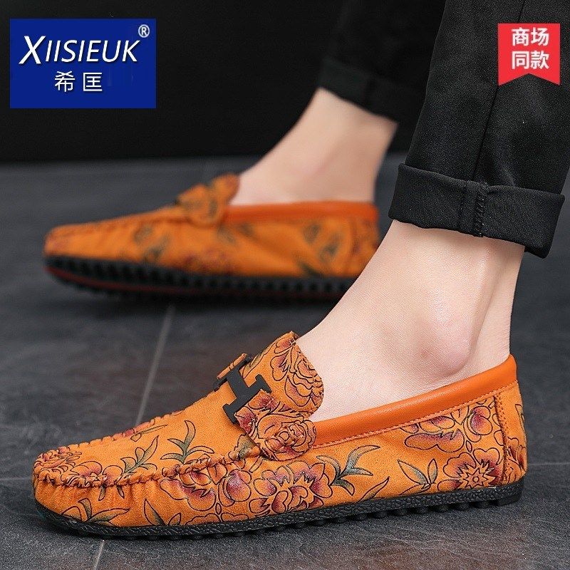 男款花色半托豆豆鞋潮流薄底懒人半拖鞋发型师夜店无后跟休闲皮鞋