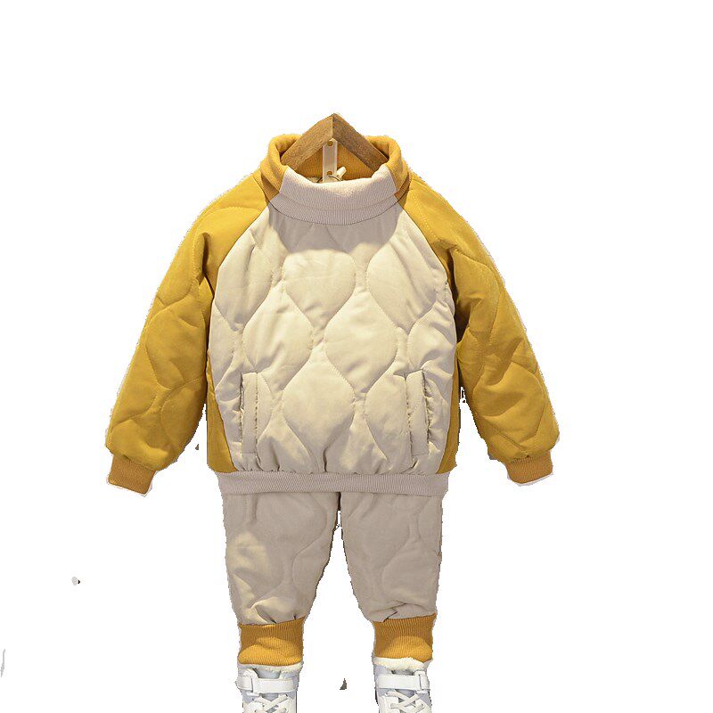 小童套装儿童冬季加绒棉衣男童加厚拼色棉服宝宝秋冬帅气两件套潮