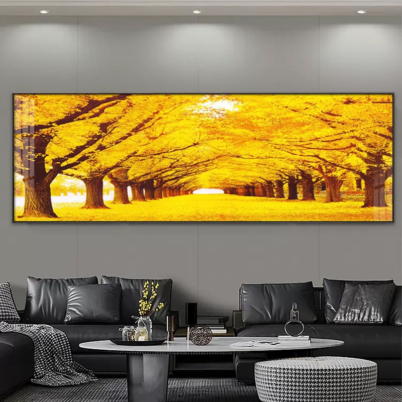 发财树客厅装饰画大气现代简约沙发背景墙挂画一整幅横版晶瓷壁画图片
