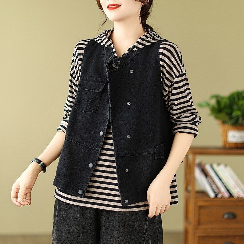 大码宽松文艺下摆不规则做旧牛仔马甲女休闲风设计感坎肩春秋季