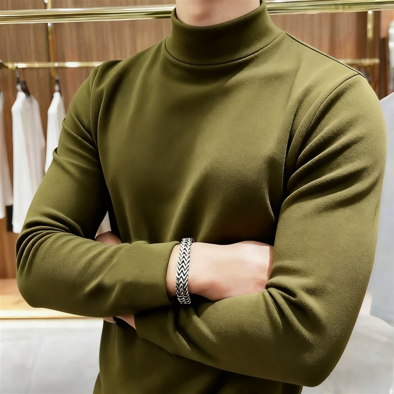 双面德绒打底衫男高领加厚内搭澳绒发热保暖MT绿色长袖加绒t恤磨