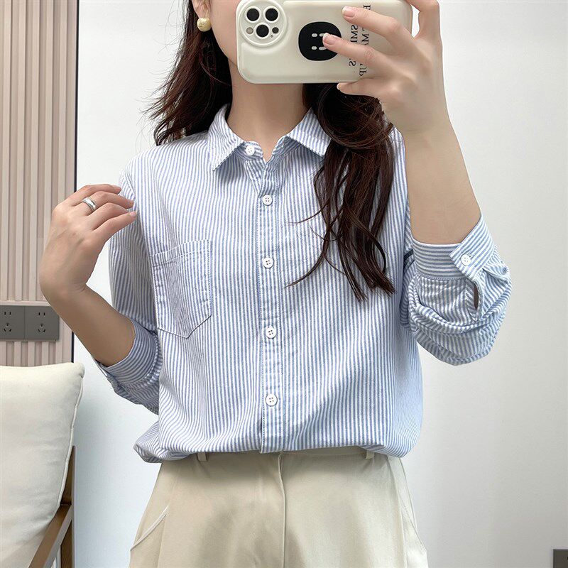 纯棉条纹春秋新款小清s新宽松版型条纹衬衣牛津纺长袖衬衫女