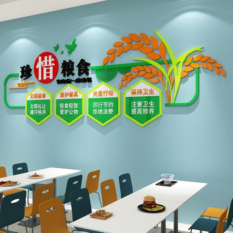食堂文化墙贴纸画厉行节约粮食员工餐厅墙面装饰职工宣传标语挂画