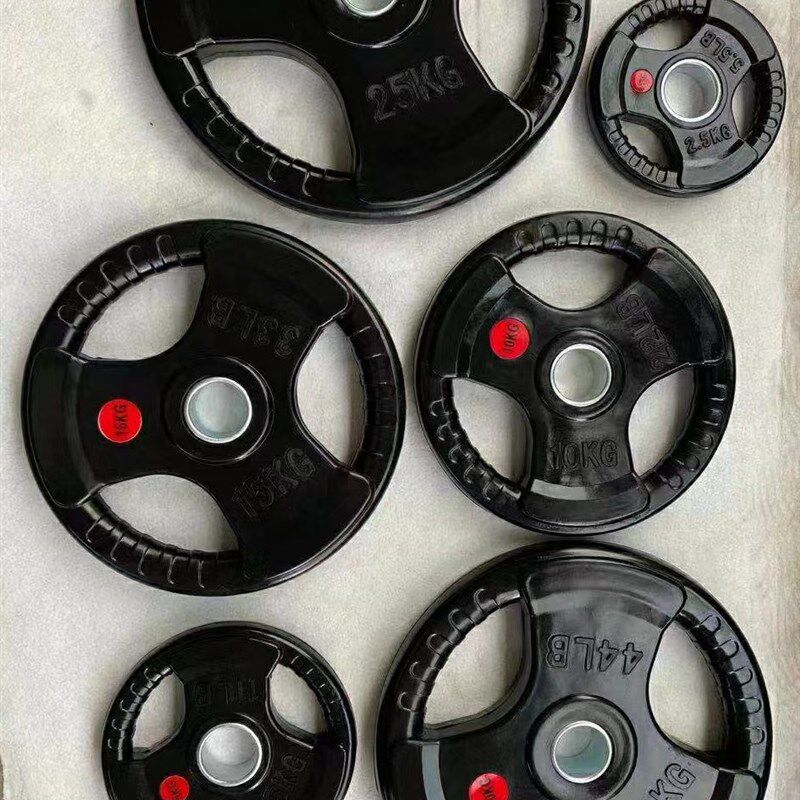 奥杆杠铃男士健身家用纯铸铁质金属烤漆包铁三孔手抓片大孔器材