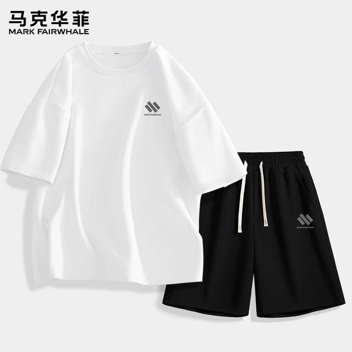马克华菲男士夏季套装纯棉重磅短袖t恤男宽松百搭男生运动短裤LP