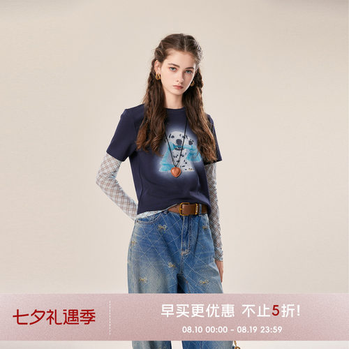 COCO BECCI【斑点狗】格纹假两件修身显瘦百搭t恤长袖上衣2026秋
