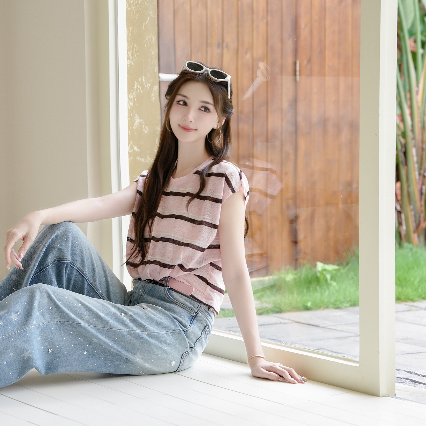 COCO BECCI【蜜桃可可】天丝不规则交叉扭结显瘦条纹T恤CGB32442
