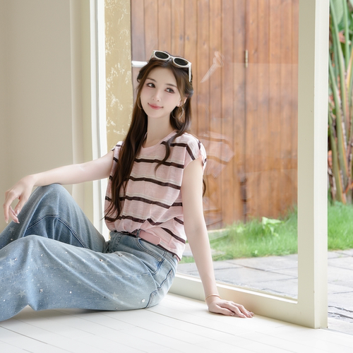 COCO BECCI【蜜桃可可】天丝不规则交叉扭结显瘦条纹T恤CGB32442
