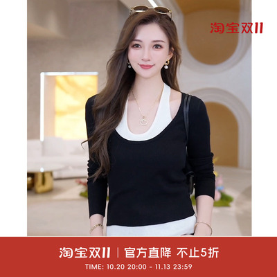 COCO BECCI【心动陷阱】绵羊毛挂脖拼接修身假两件针织衫女2026秋