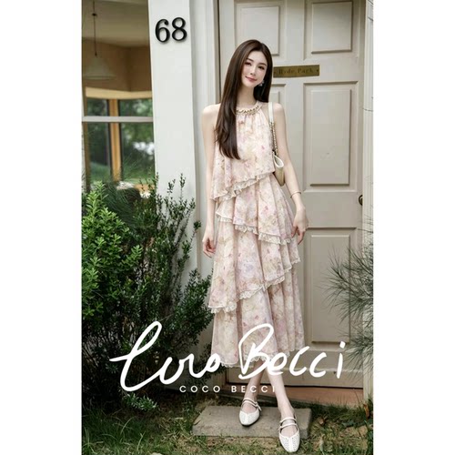 COCO BECCI【仲夏花园】法式挂脖钉珠晕染碎花吊带连衣裙女夏显瘦