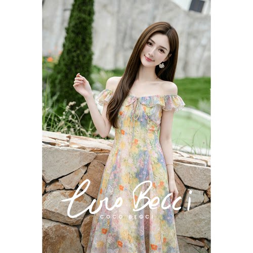 COCO BECCI【莫奈花园】油画晕染印花荷叶边法式连衣裙夏季女新款