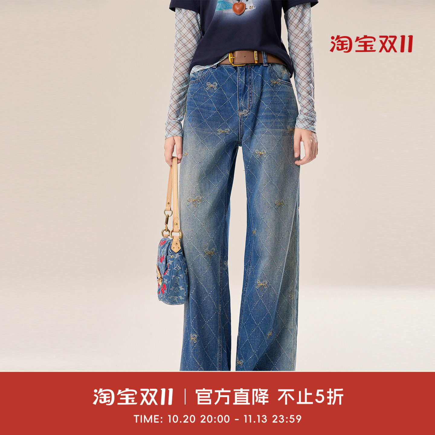 COCO BECCI【蝴蝶结牛仔】复古水洗蝴蝶结刺绣阔腿显瘦直筒牛仔裤