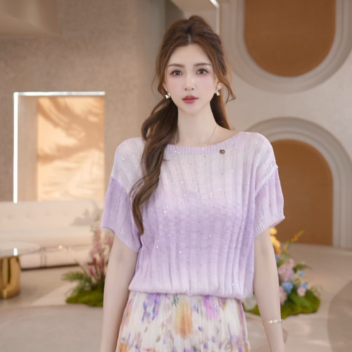 COCO BECCI【星河碎语】渐变晕染竖坑条蝙蝠袖短袖针织衫上衣女夏