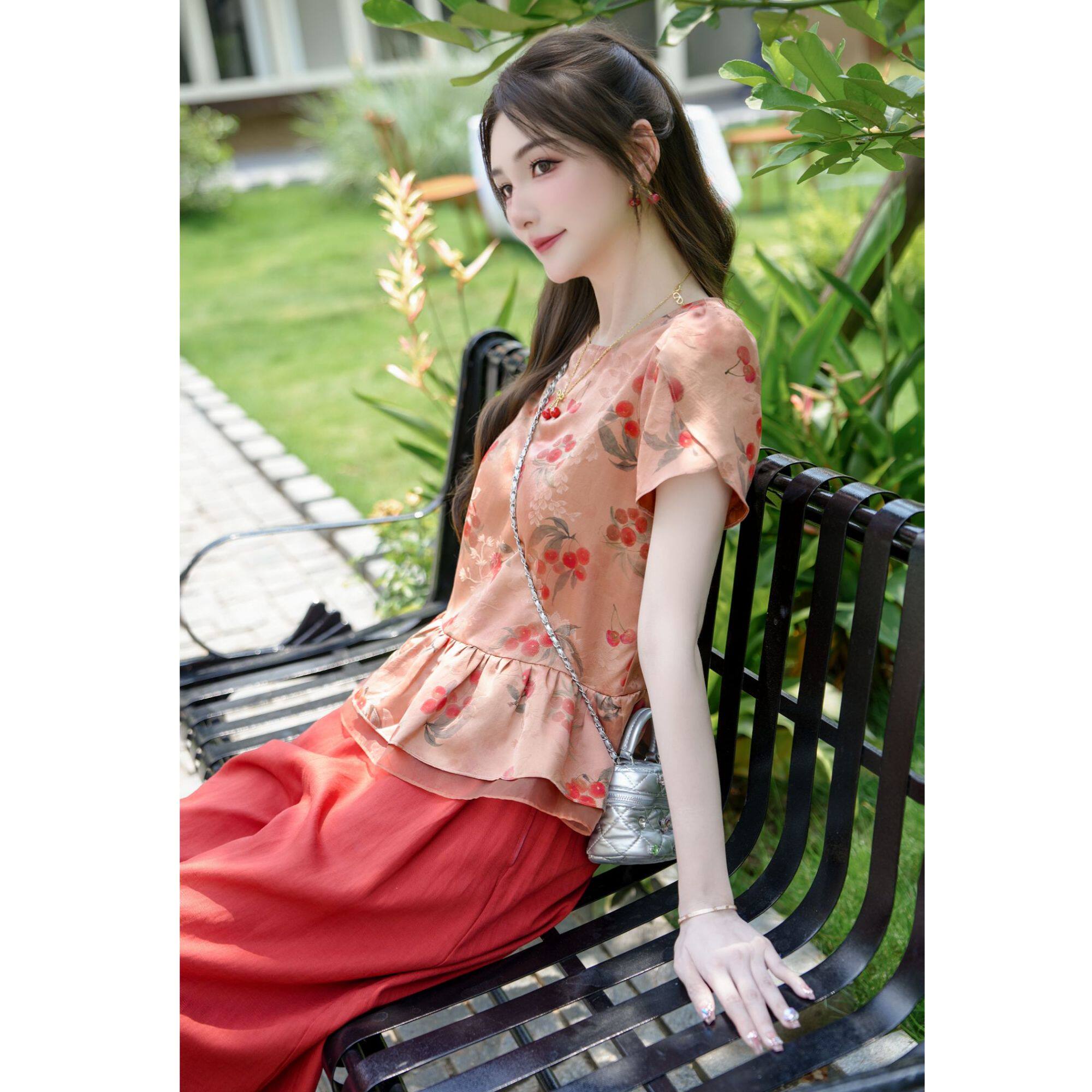 COCO BECCI【樱桃满枝】26姆米100桑蚕丝红云纱樱桃小衫短袖上衣