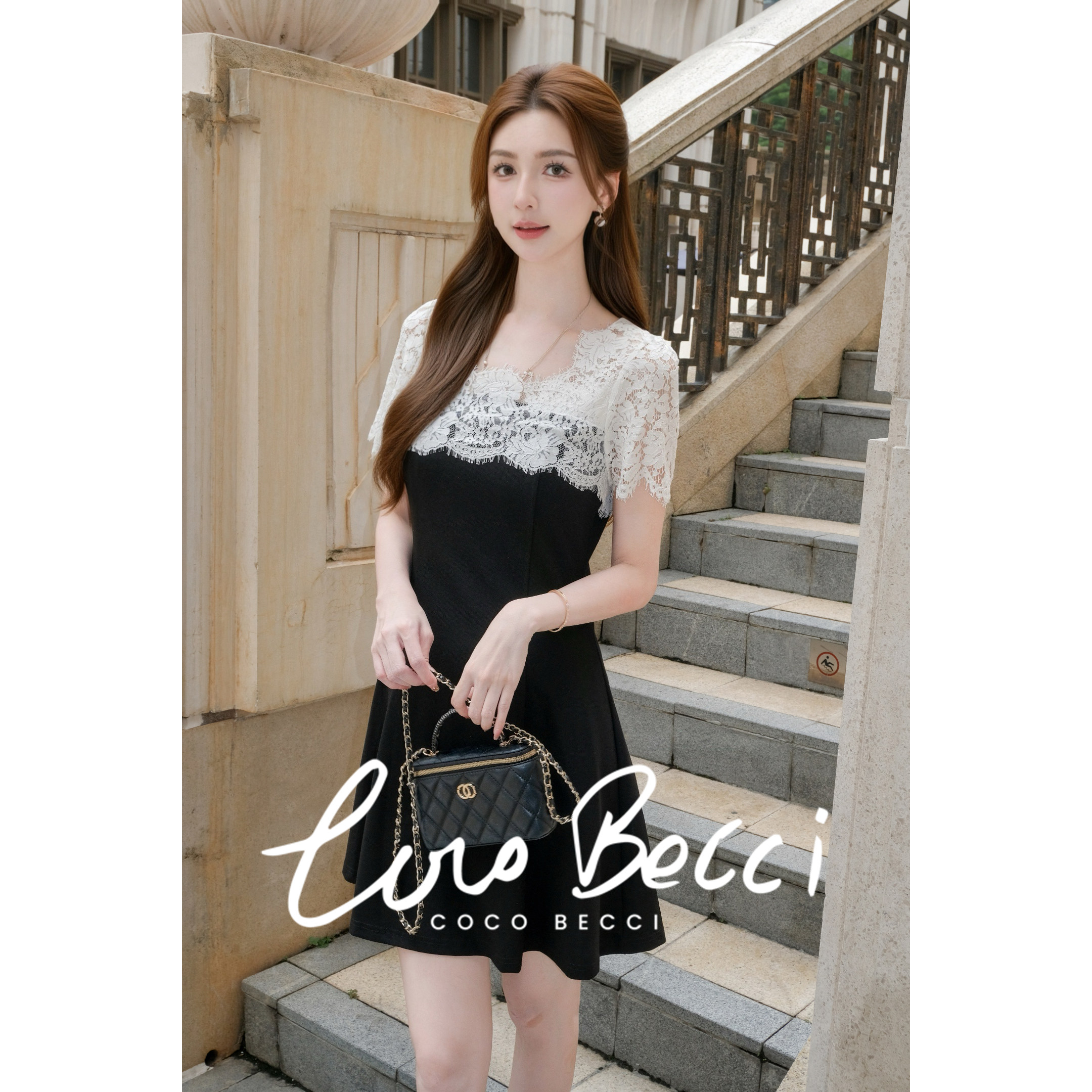 COCO BECCI【月下清茶】轻熟风撞色蕾丝方领气质短袖连衣裙女夏季