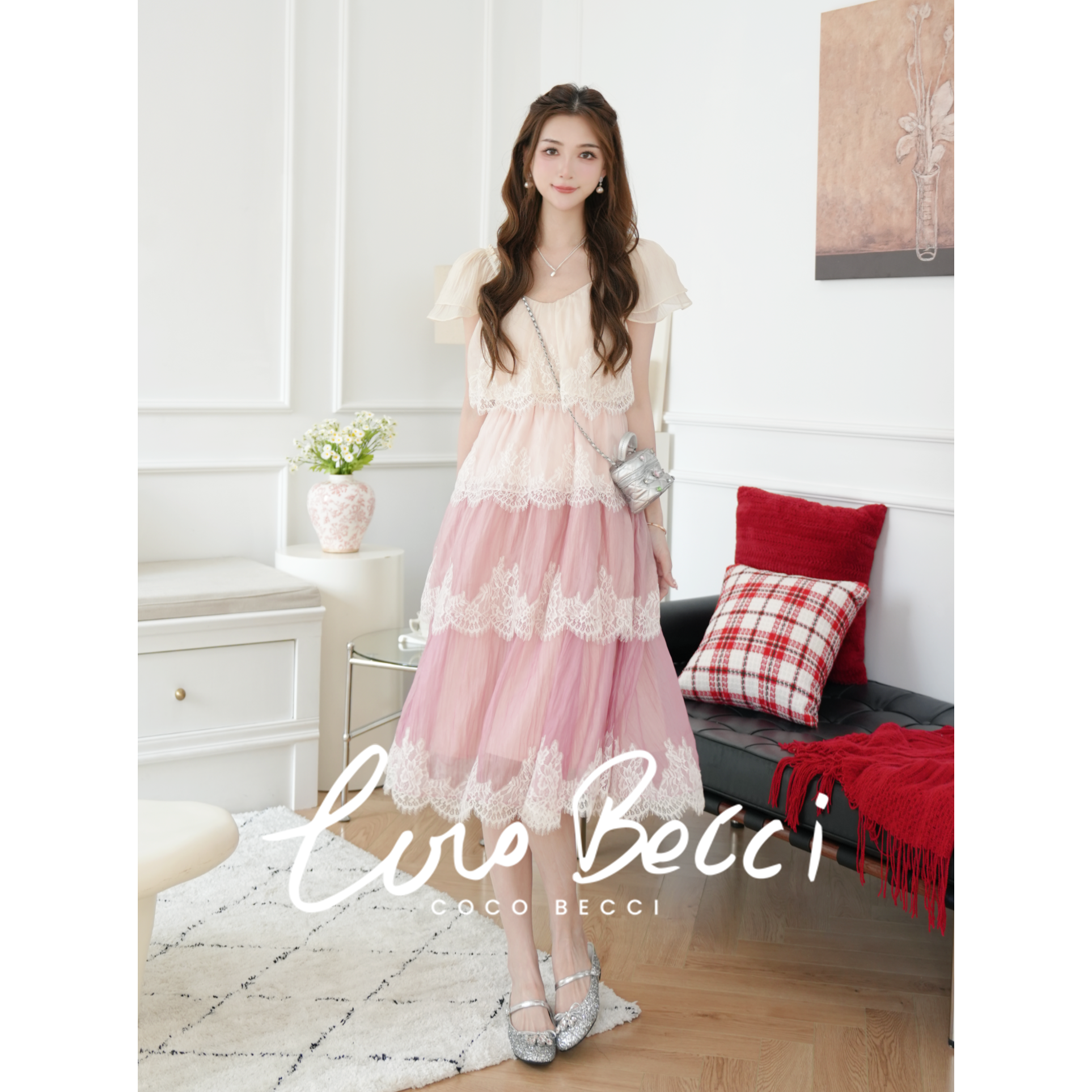 COCO BECCI【玫瑰甜茶】甜美风渐变粉睫毛蕾丝蛋糕裙连衣裙女夏季