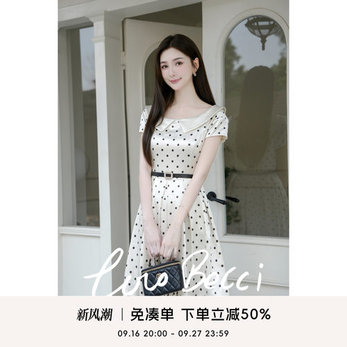 COCO BECCI【珍妮公主】法式波点翻领收腰A字短袖连衣裙显瘦短款