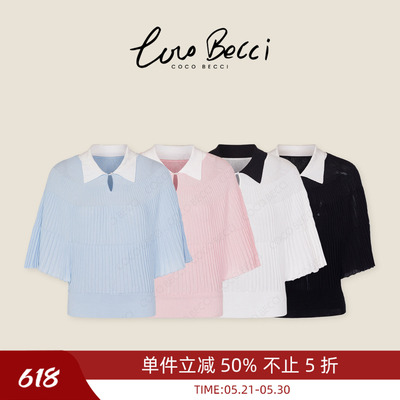 COCO BECCI【千金斗篷】天丝醋酸撞色Polo领斗篷针织衫上衣女夏季