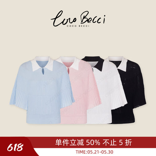 COCO BECCI【千金斗篷】天丝醋酸撞色Polo领斗篷针织衫上衣女夏季