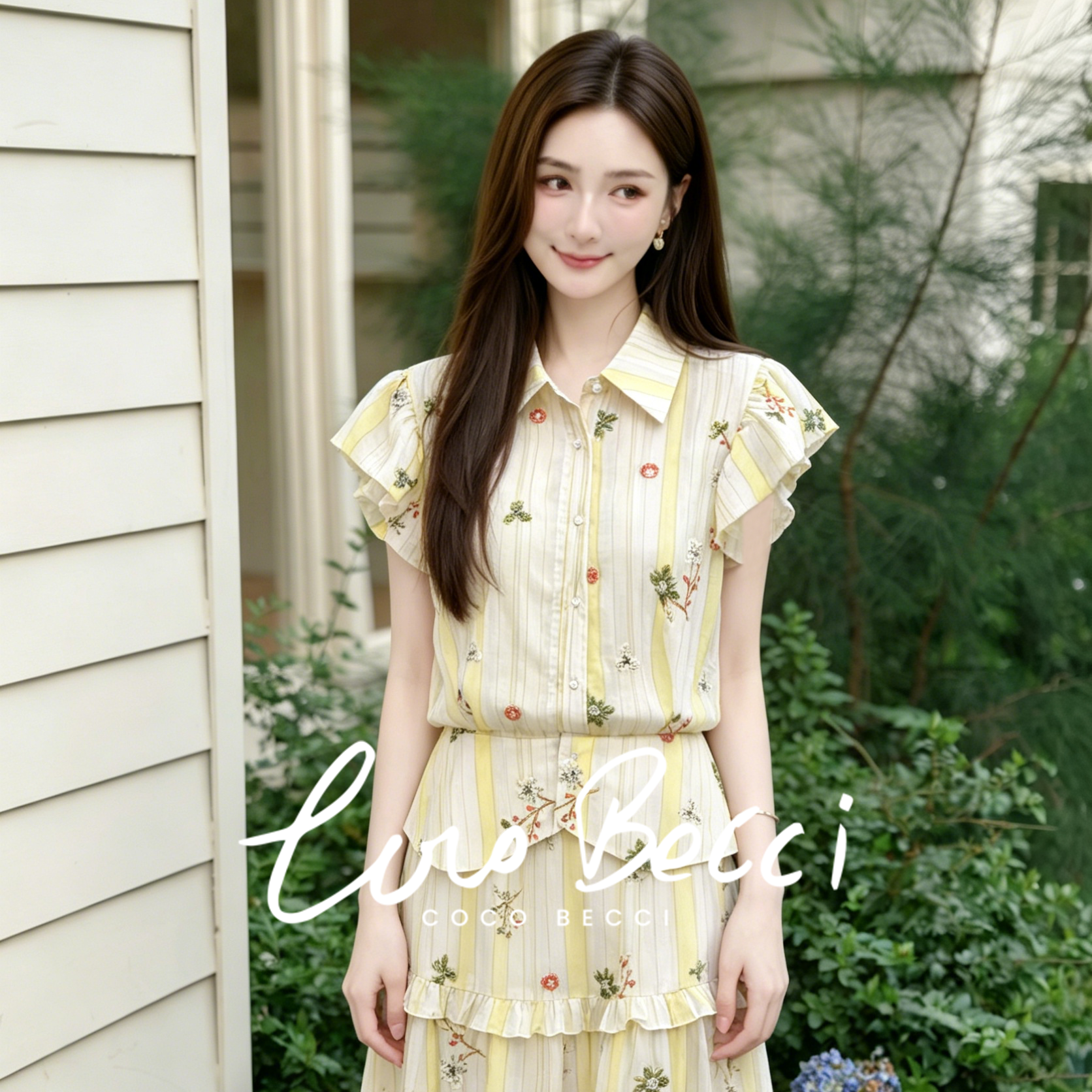 COCO BECCI【柠香花事】翻领竖条纹珍珠扣泡泡袖衬衫短袖女夏季